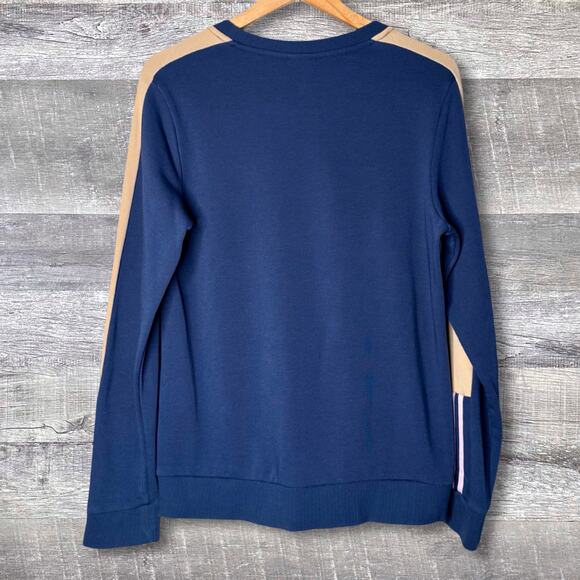 Adidas Essentials Logo Colorblock 3-Stripe Pullover Sweatshirt Women L Navy Tan - Picture 6 of 8